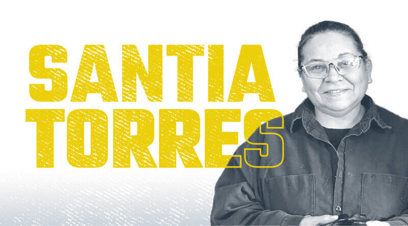 black and white picture of Santia Torres with her name in yellow